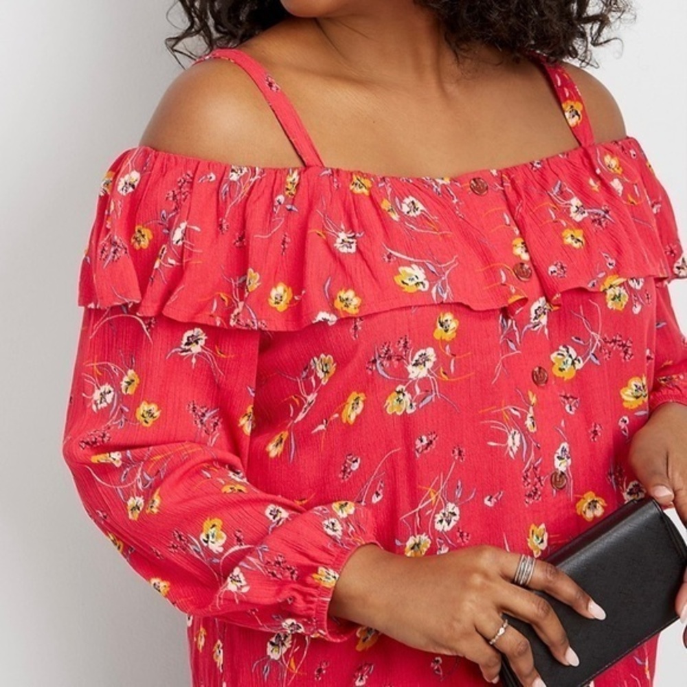Maurices Red Floral Cold Shoulder Top